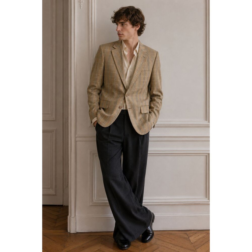 Vintage LANVIN Paris Tan Plaid Sports Coat Blazer Jacket  Mens Size Large